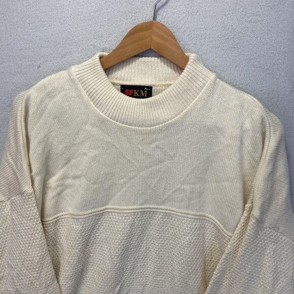 Vintage 90s SFKM Baggy Mockneck Mens Sweater XL Cream White Relaxed Fit USA Made - Picture 2 of 14